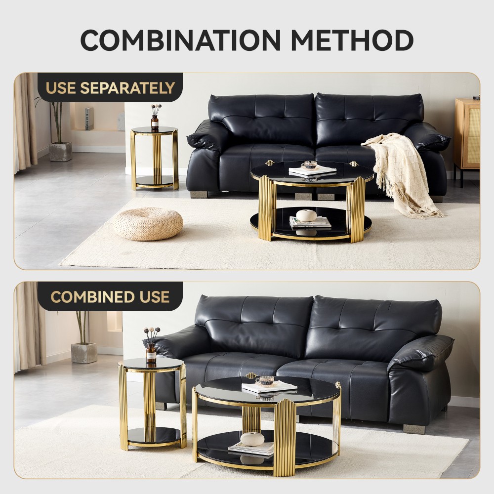 35in Modern Coffee Table Double-Layer Tempered Black Glass and Living Room Table