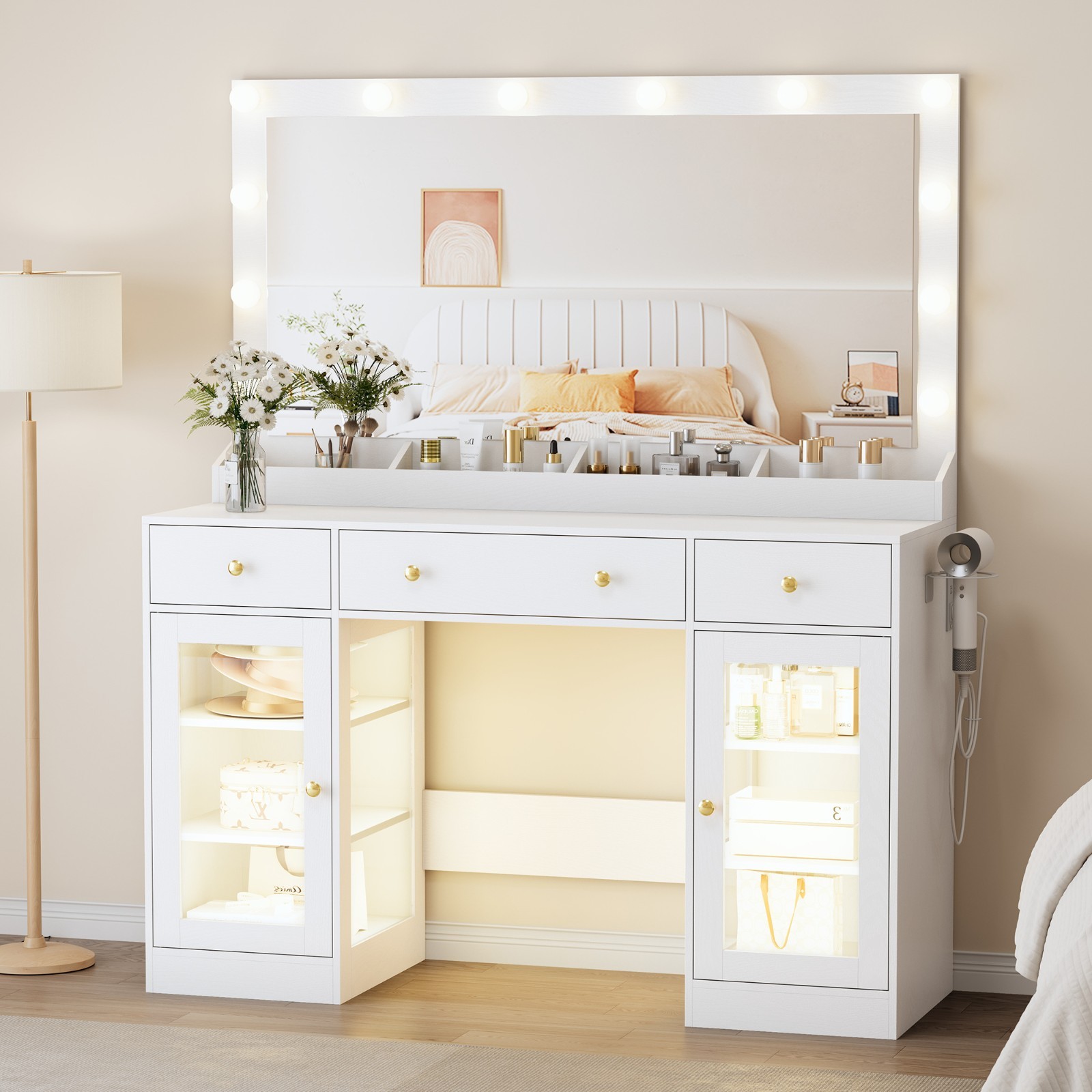 Makeup Vanity with Large Mirror and Lights, Charging Station & RGB Glass Cabinet