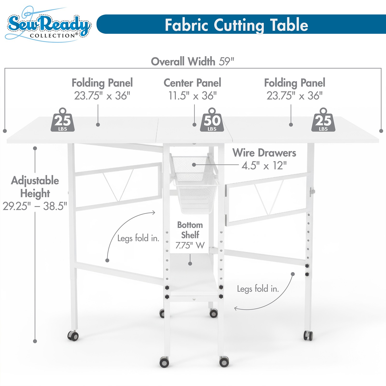 Sew Ready Folding Sewing Craft Table with Storage Drawers and Wheels (For Parts)