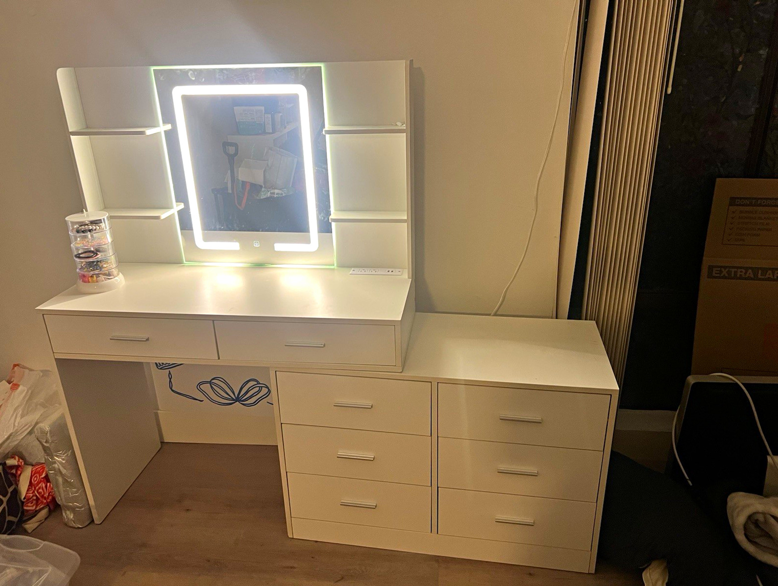 White Vanity Set w/ LED Rectangular Mirror, 6 Shelves & 8 Drawers, 53.1″