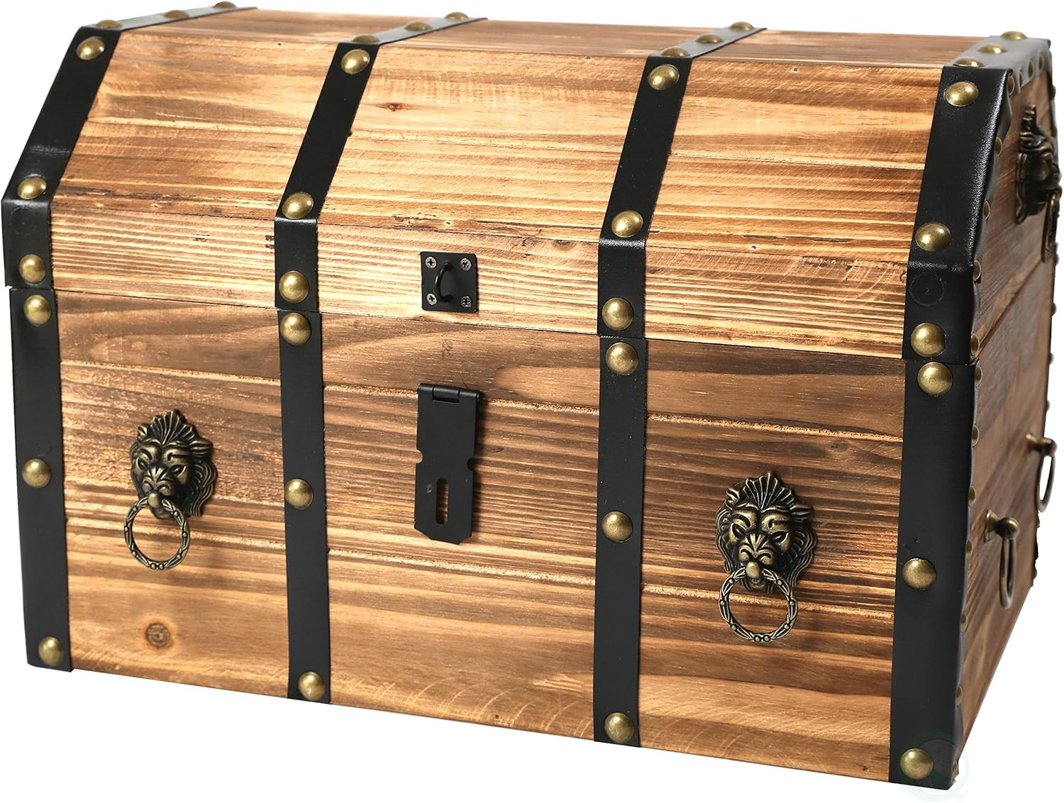 Wooden Treasure Chest Trunk Vintage-Style Storage Box with Leather Straps Brass