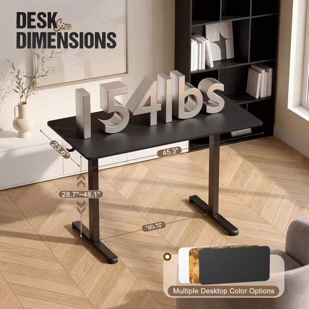 45 In. Rectangular Black Electric Standing Desk with Phone Holder and USB Chargi
