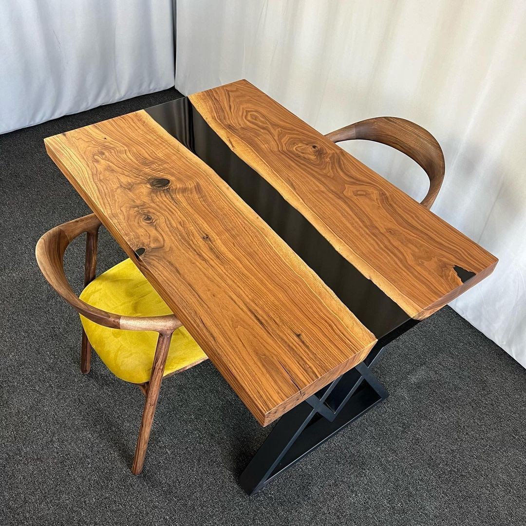 Handmade Live Edge Walnut Epoxy River Table | Ocean Blue Resin Dining Desk