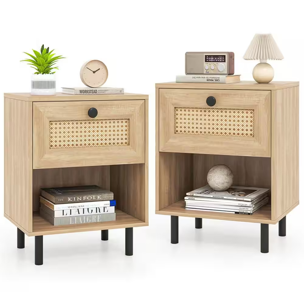 2-Pcs Natural 1-Drawer 16 In. W Rattan Nightstand Boho End Table with Drawer and