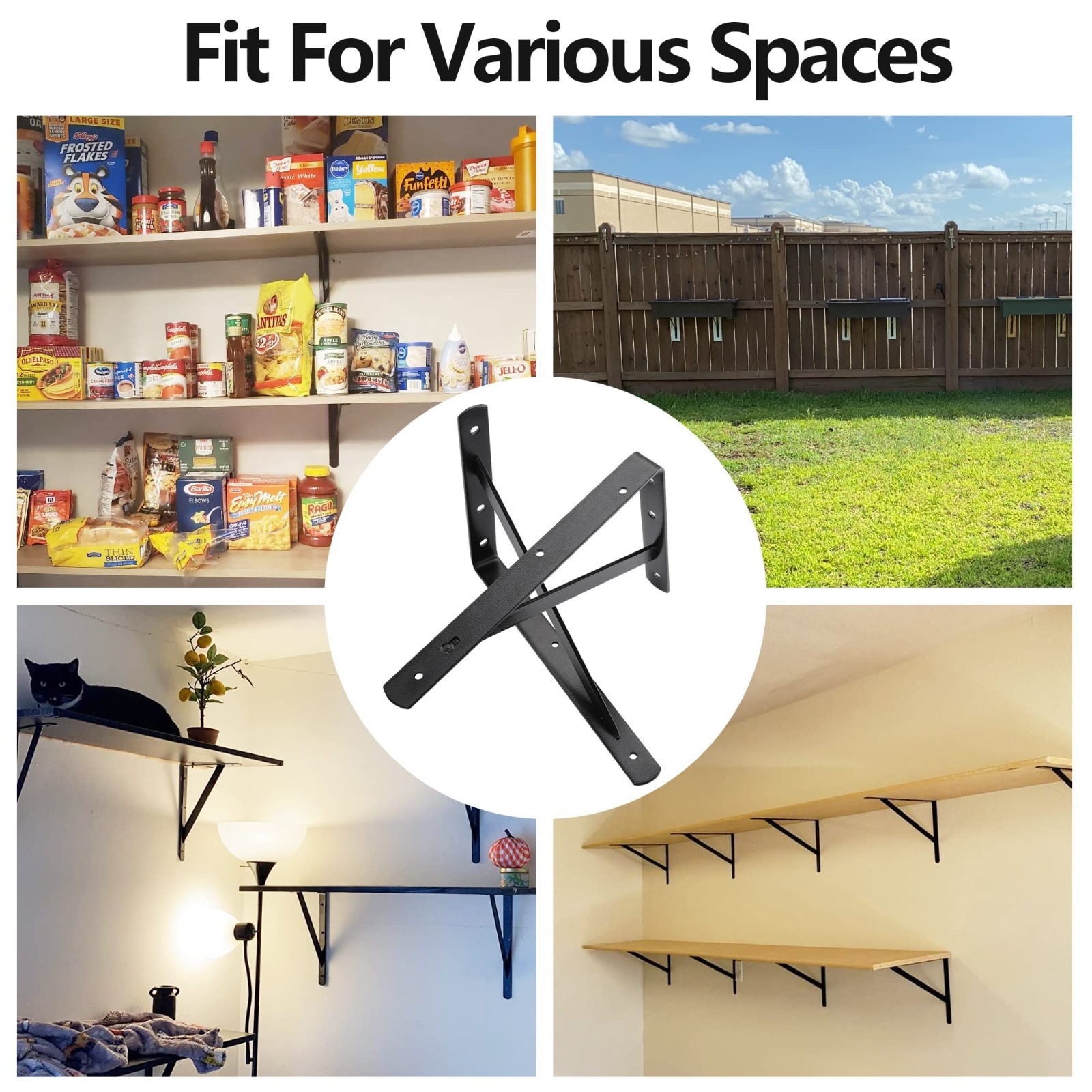 Heavy Duty 12×8″ Shelf Brackets, 6 Pack Black Metal Supports, 600 lb Capacity, W