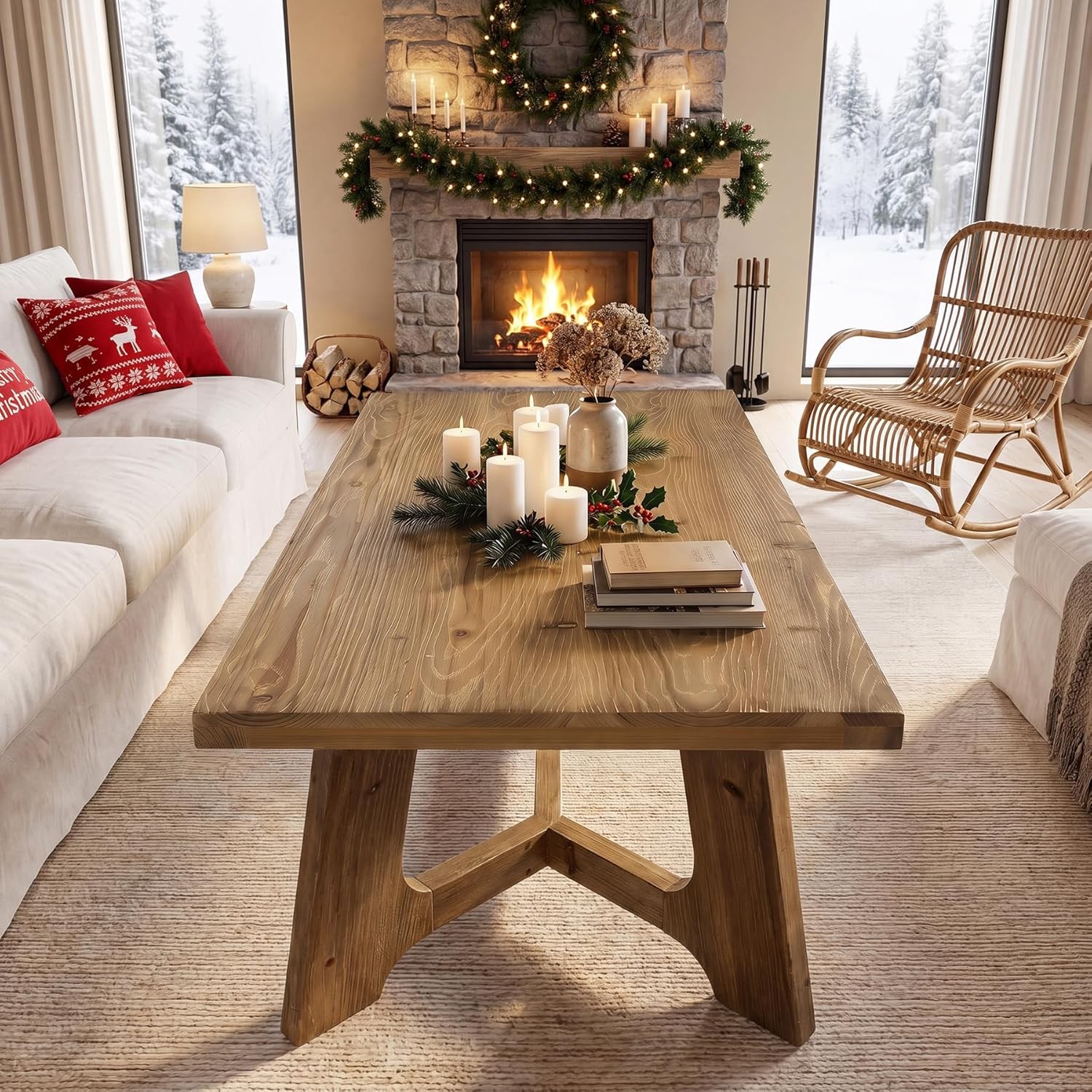 47.24Inch Solid Wood Rustic Coffee Table, Rectangle Accent Table for Living Room