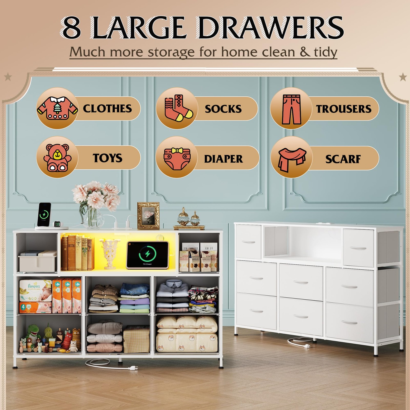 WLIVE White Dresser TV Stand for 45, 50, 11.73″D X 47.17″W X 26.38″H,