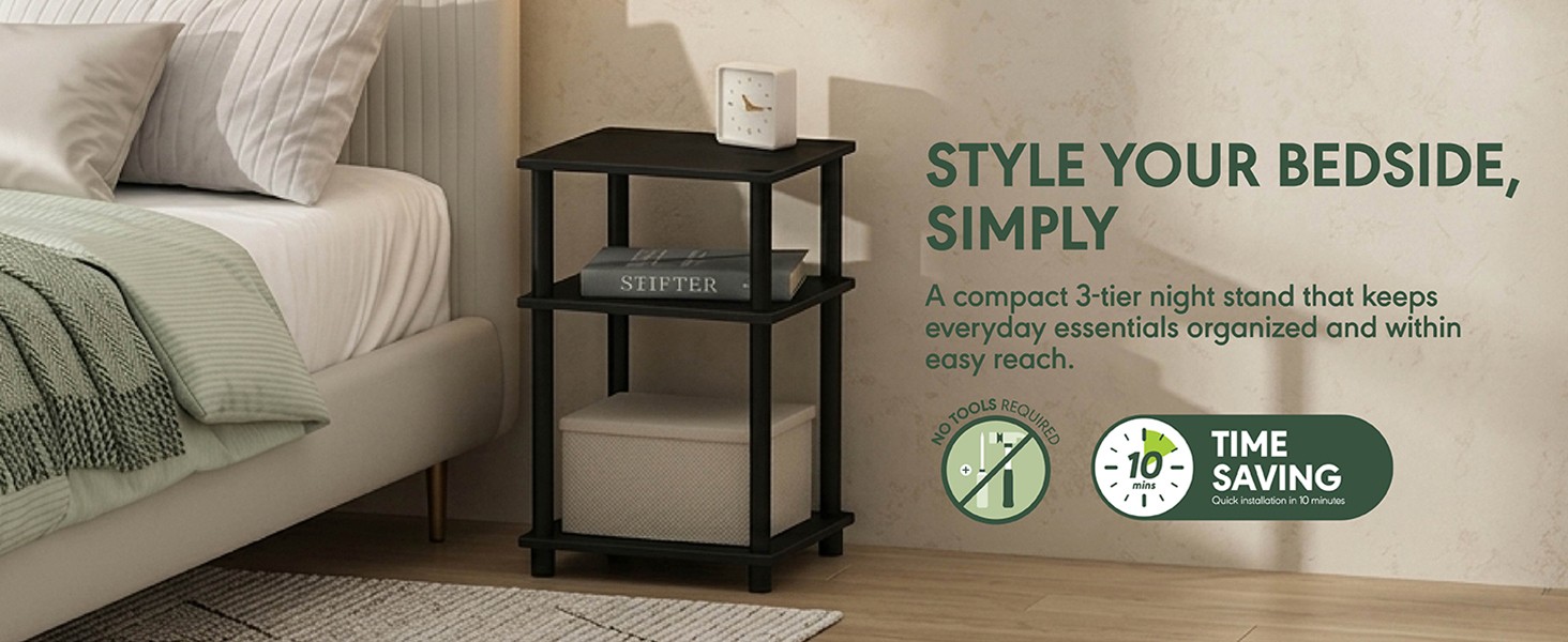 JUST Night Stand, 3-Tier Turn-N-Tube Nightstand, Toolless Bedside Table, End