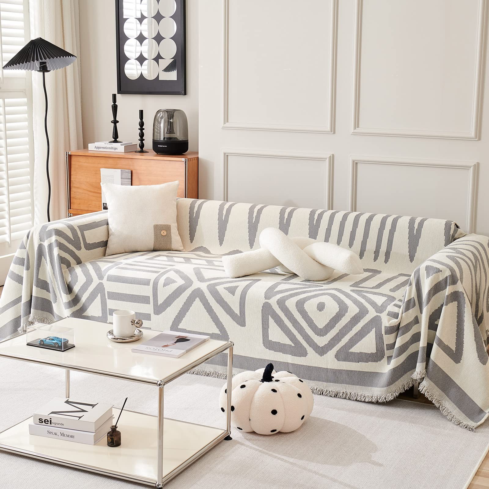 Boho White Gray Plaid Triangle Jacquard Sofa Slipcover Protector 71×150 Oversize