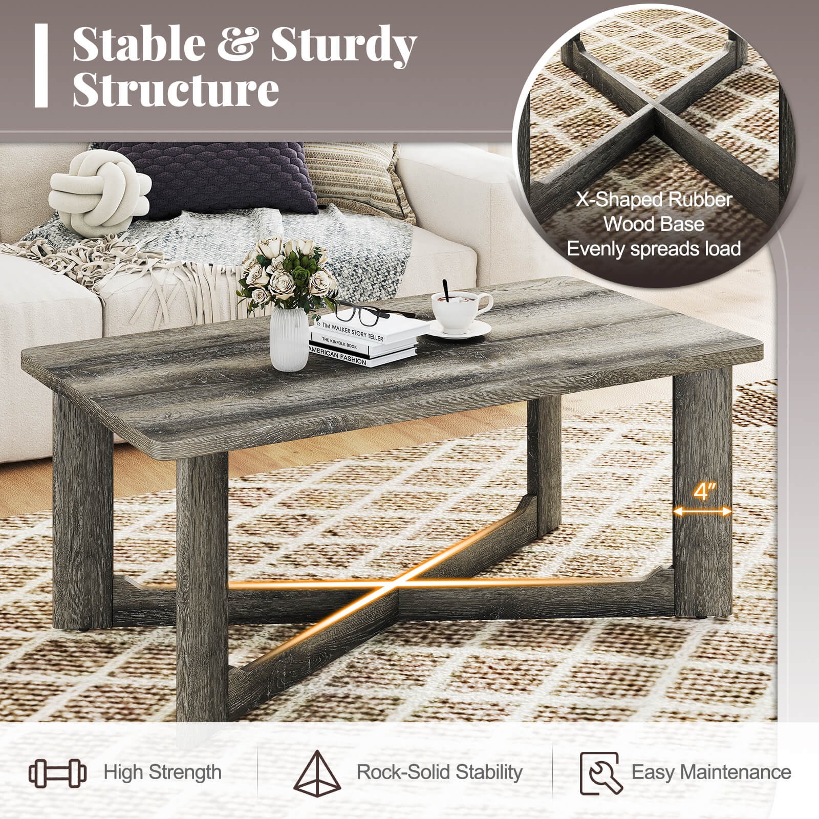 Rectangle Center Table with X-Shaped Base Farmhouse Rustic Living Room Table