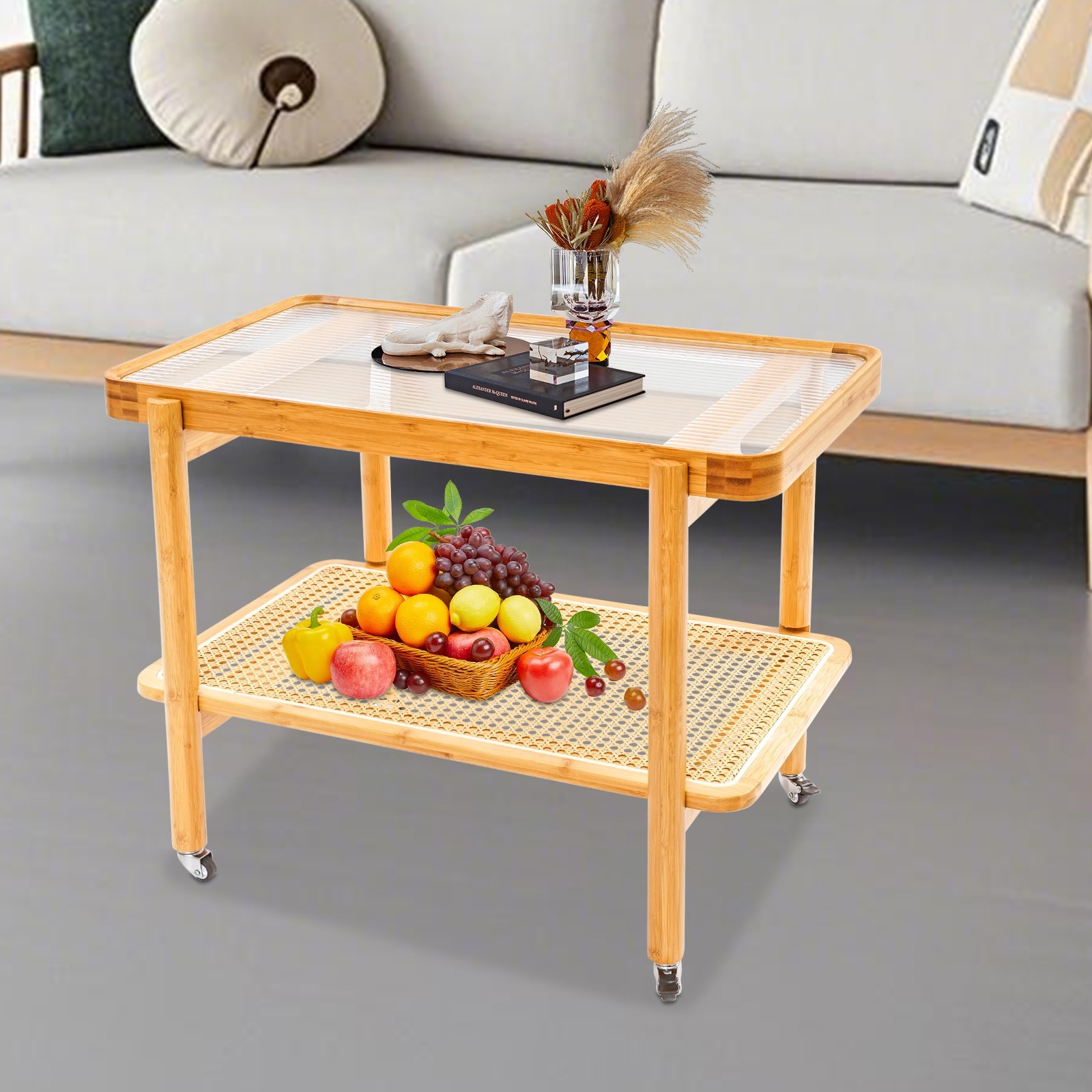Tempered Glass, Resin, Bamboo Coffee Table with Wheels, 2 Shelves Sofa Table