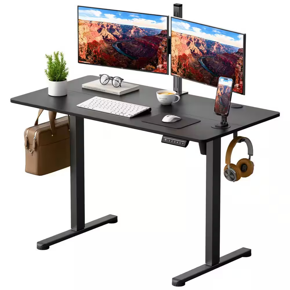 45 In. Rectangular Black Electric Standing Desk with Phone Holder and USB Chargi