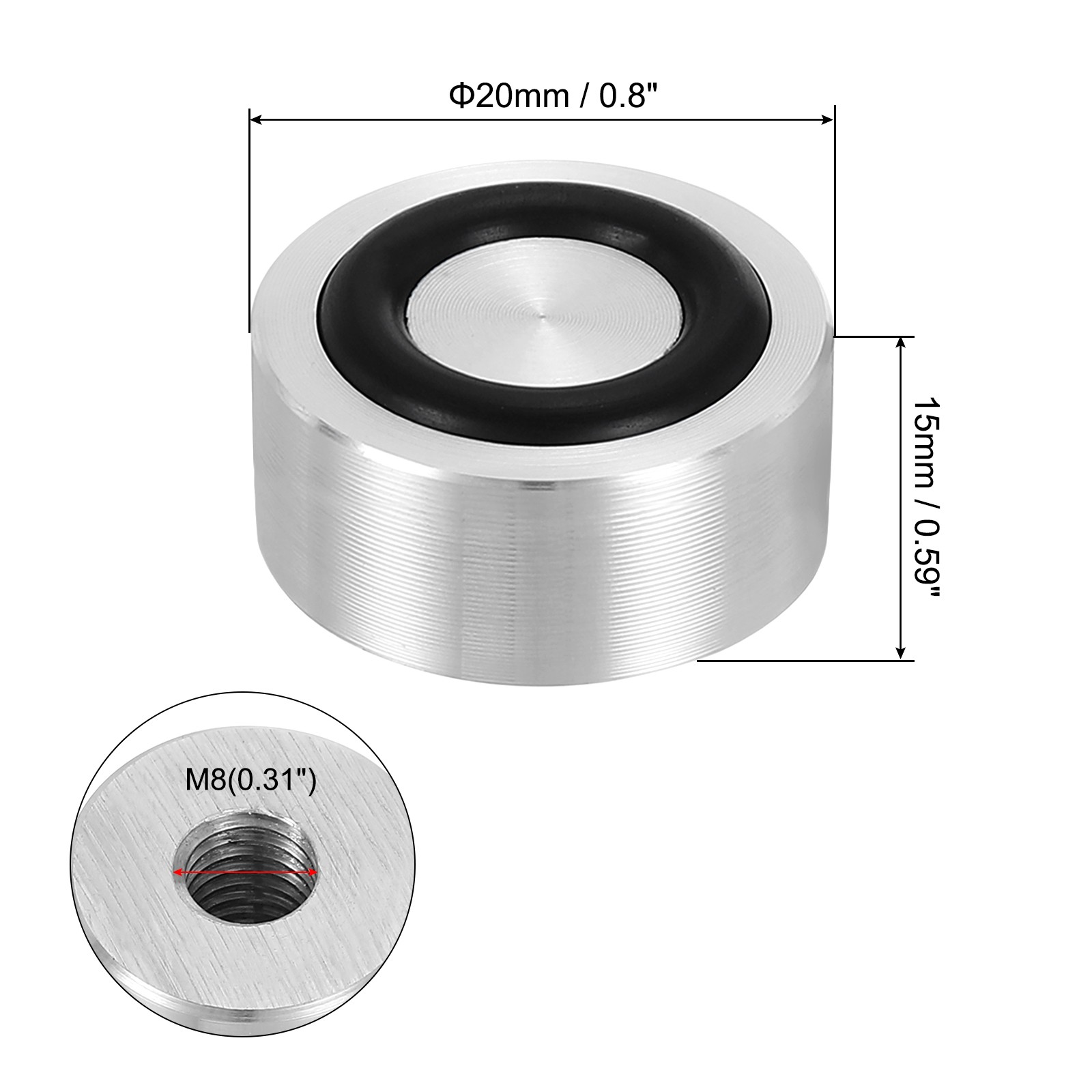 M8 20mm / 0.8″ Dia 15mm Aluminum Disc Glass Top Adapter with Rubber Ring 4pcs