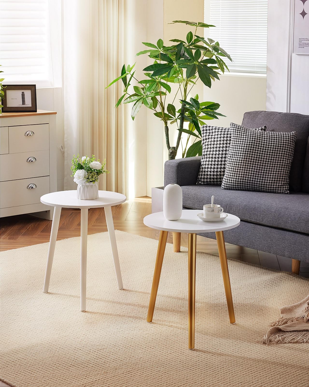 Small Round Side Table White Nightstand Bedside Coffee Table 16.5×20.5 Inch