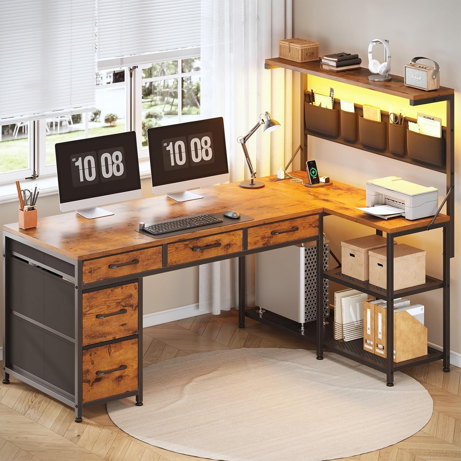 L Shaped Office Desk, Reversible Computer Desk with 5 Drawers & Storage Shelves