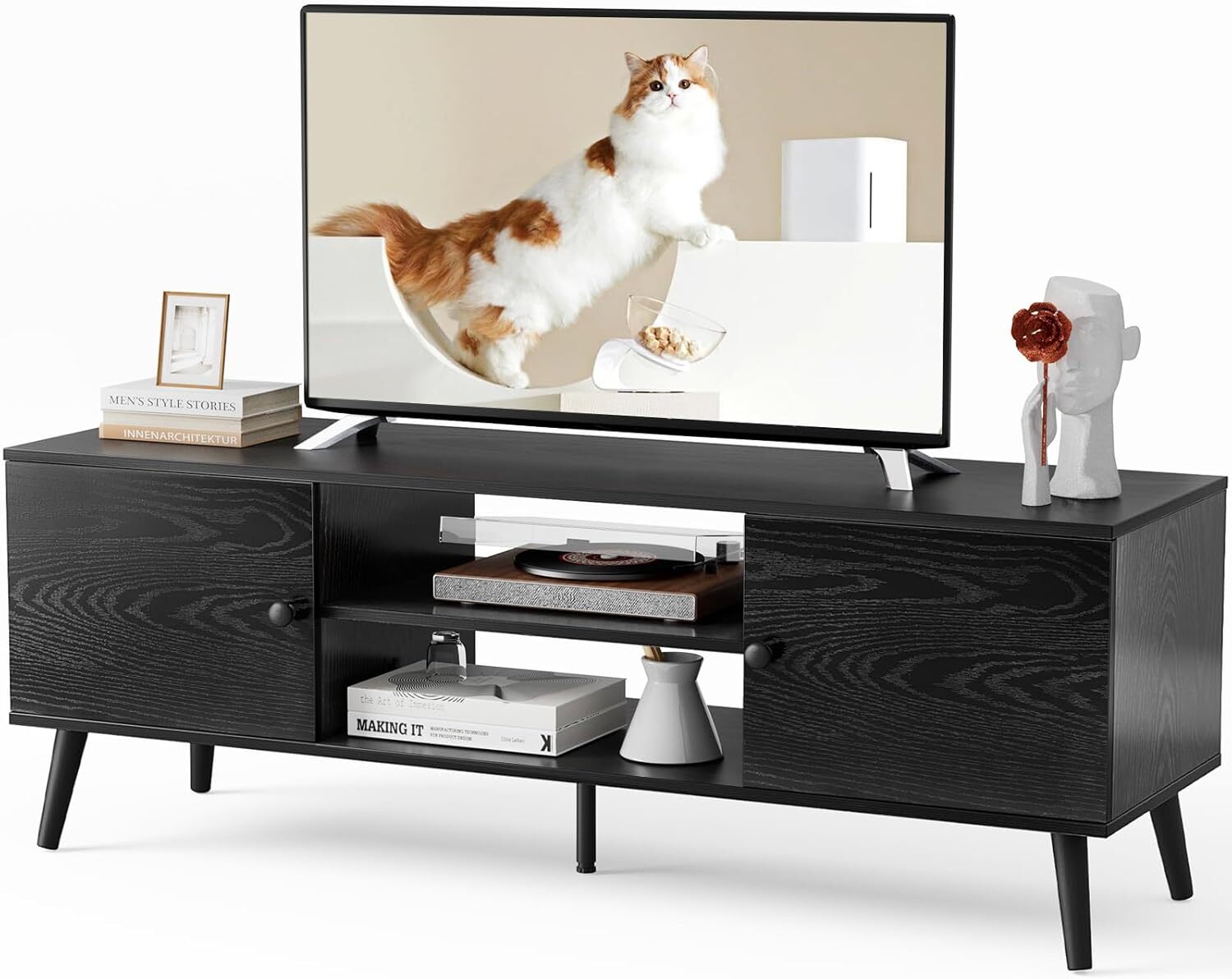 Black TV Stand for 50″ 60″ TV Entertainment Center with Storage Cabinet Table