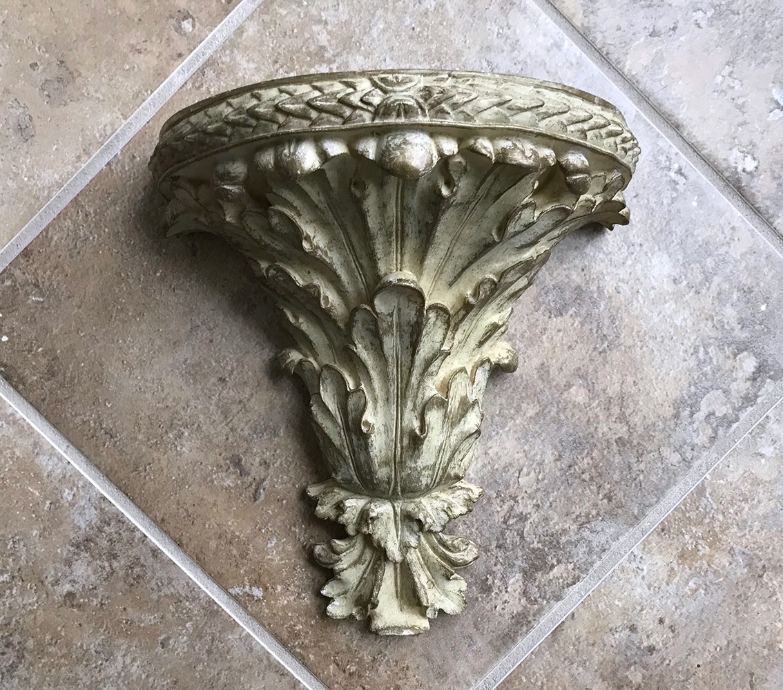 Vintage Wall Sconce Shelf, Gold, Ivory, Distressed Finish 9.25” x 4.75″ x 9.5″