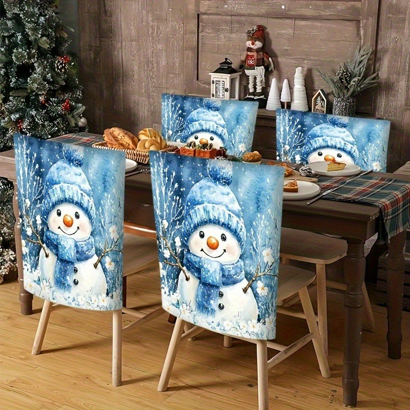 2pcs Cute Snowman Christmas Chair Covers Blue Winte Dining Chair Holiday Decor