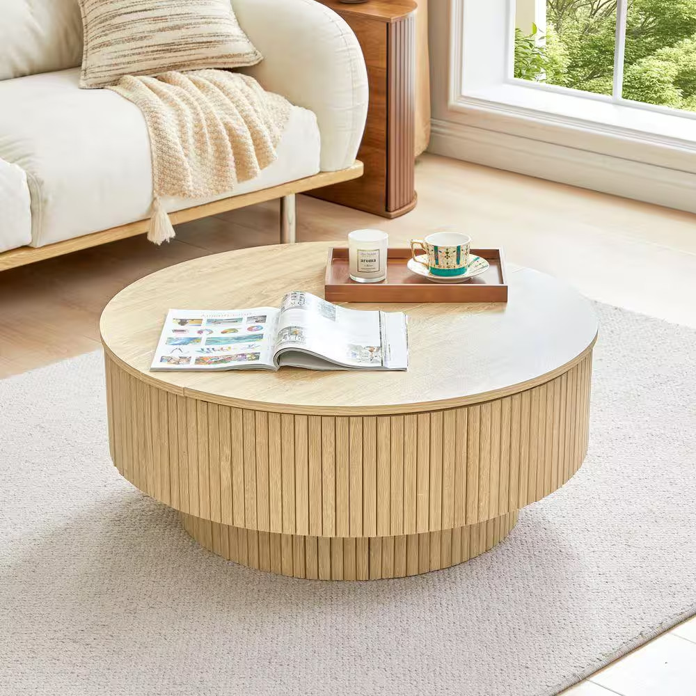 33.07 In. Natural round MDF Storage Coffee Table with a Height-Adjustable Panel