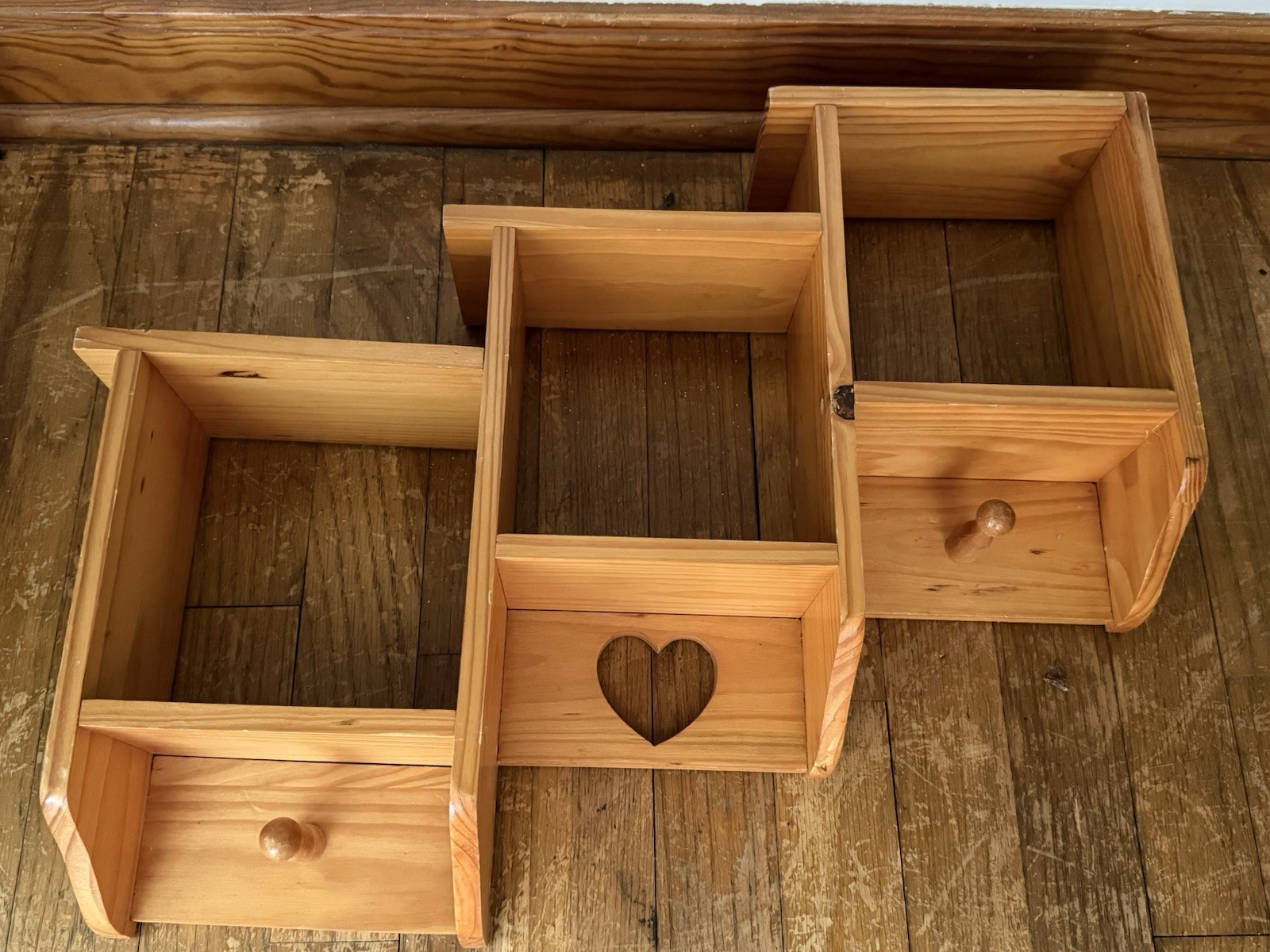 Vintage Pine Staggered Shadow Box Shelf Heart Cutout 3 Tier Cubby Shabby Chic