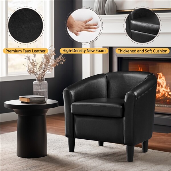 Faux Leather Barrel Chair Accent Arm Chair With Curved Armrest for Living Room