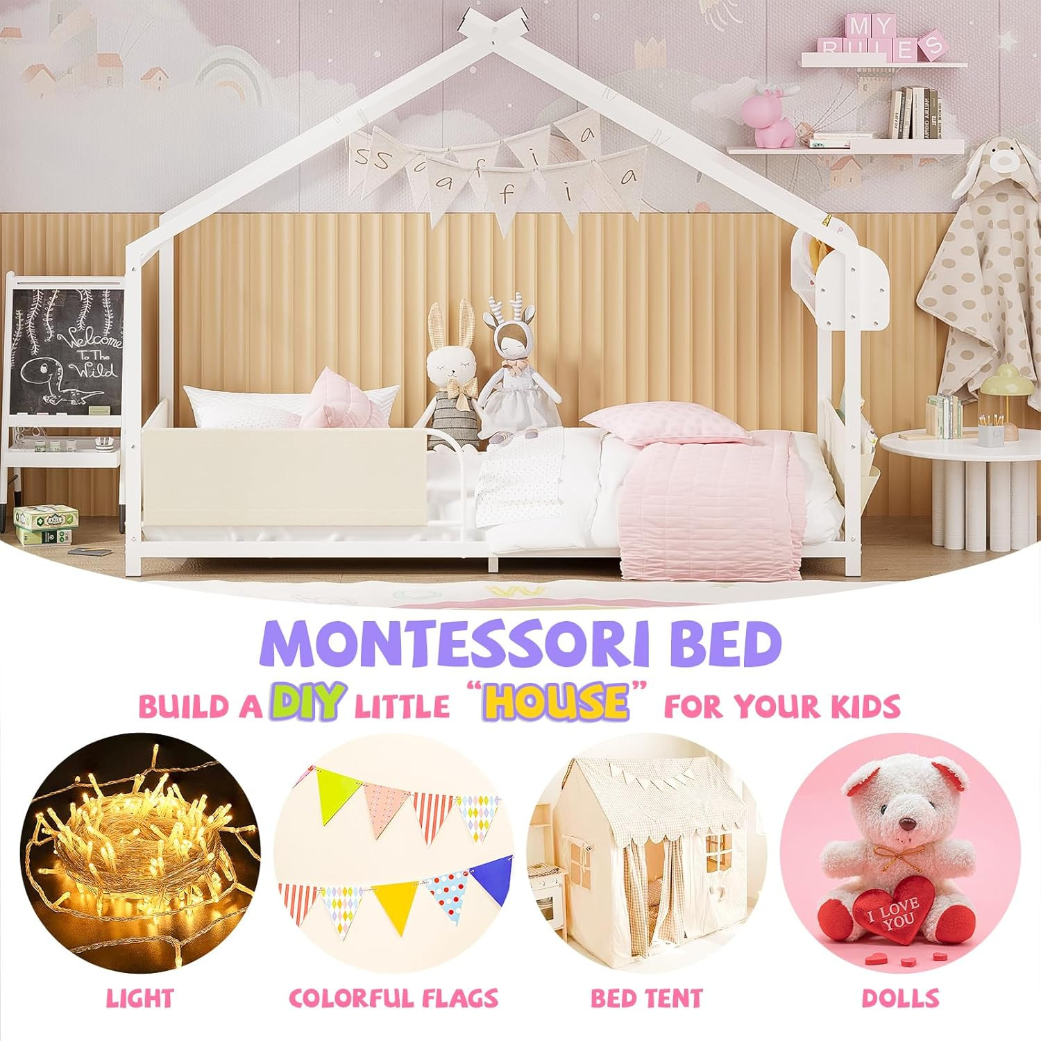Twin Size House Bed with Storage Rack and Caddy Montessori House Shape Bed Metal