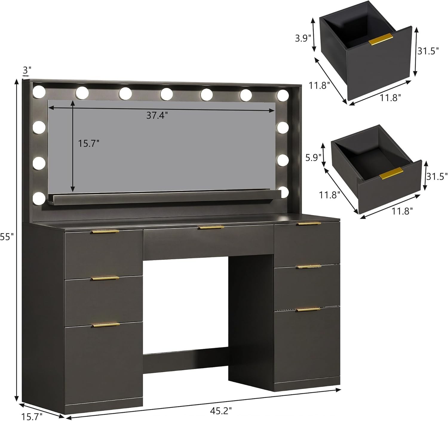 Vanity Desk with Mirror and Lights 45.3in Makeup Vanity with 7 Drawers