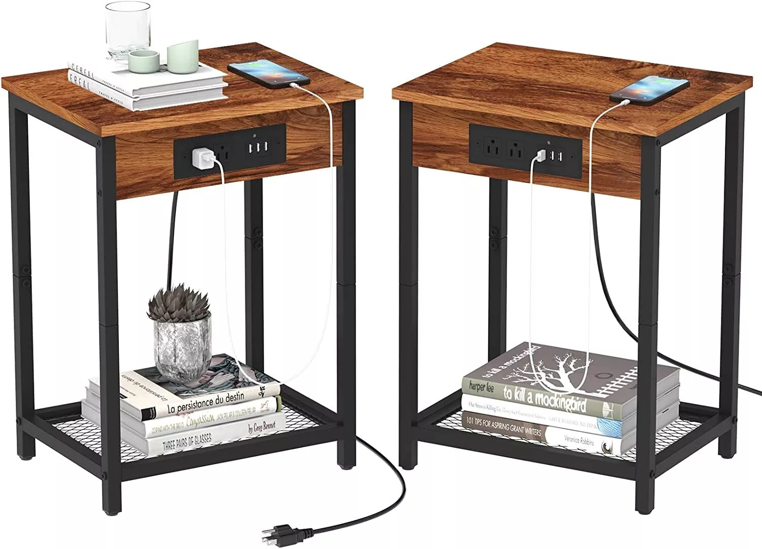 CADUKE 2PACK 2-TIER HEAVY DUTY NIGHTSTAND CHARGING STATION USB PORT – BROWN