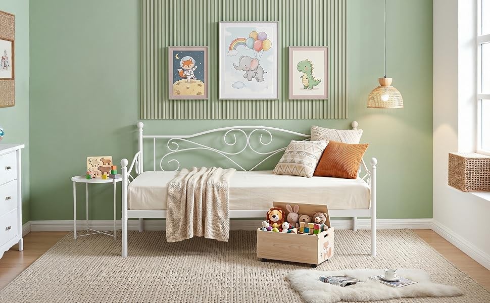 Daybed Frame, Twin Size Metal Platform Bed with Headboard,Heavy Duty Steel Slats