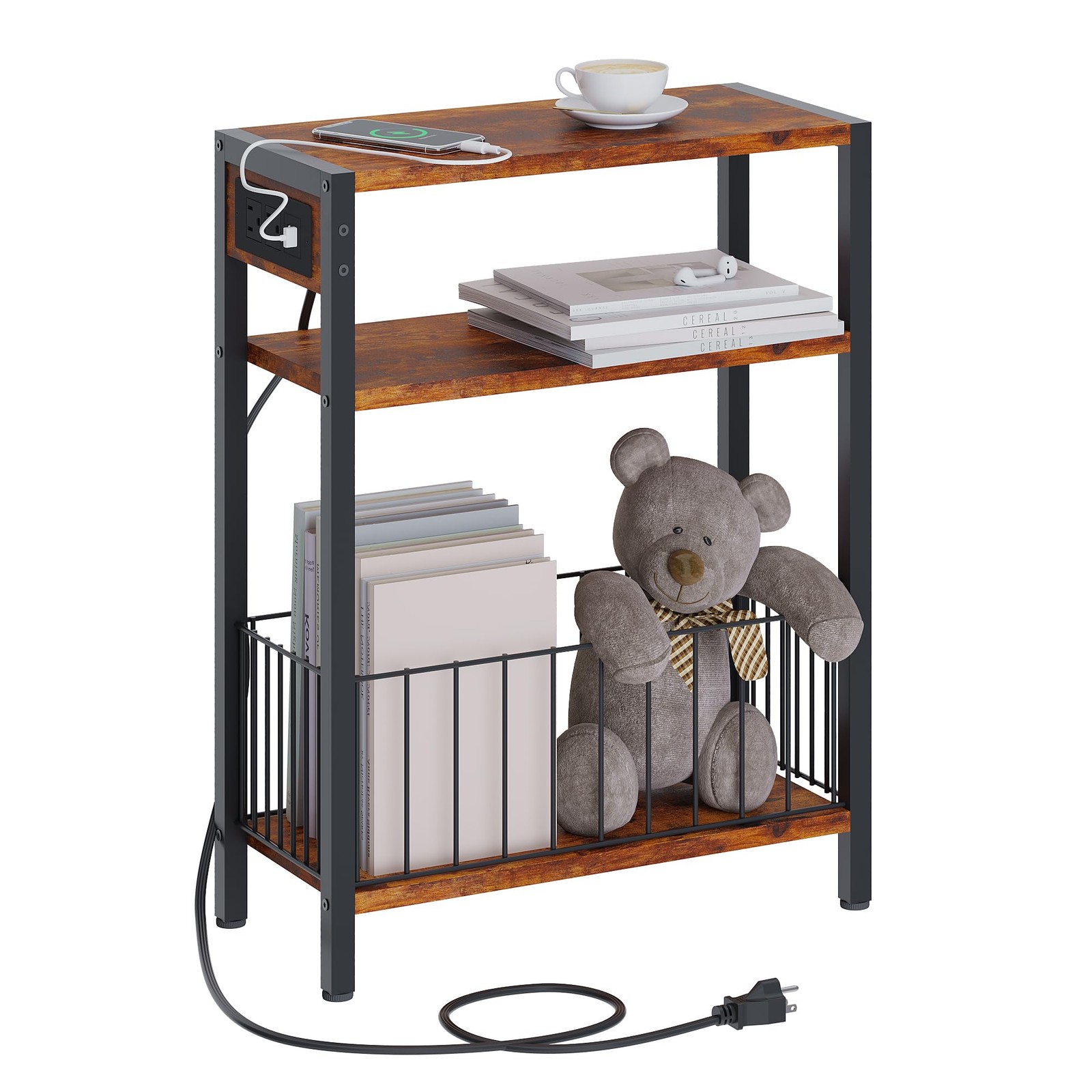 Narrow Side Table 3 Tier with Charging Station, 2 Outlets & 2 USB Ports – Small