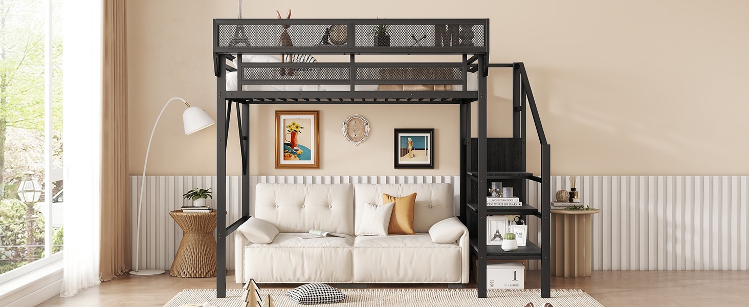 Twin Size Loft Bed with Stairs & Wardrobe, Metal Frame, Black