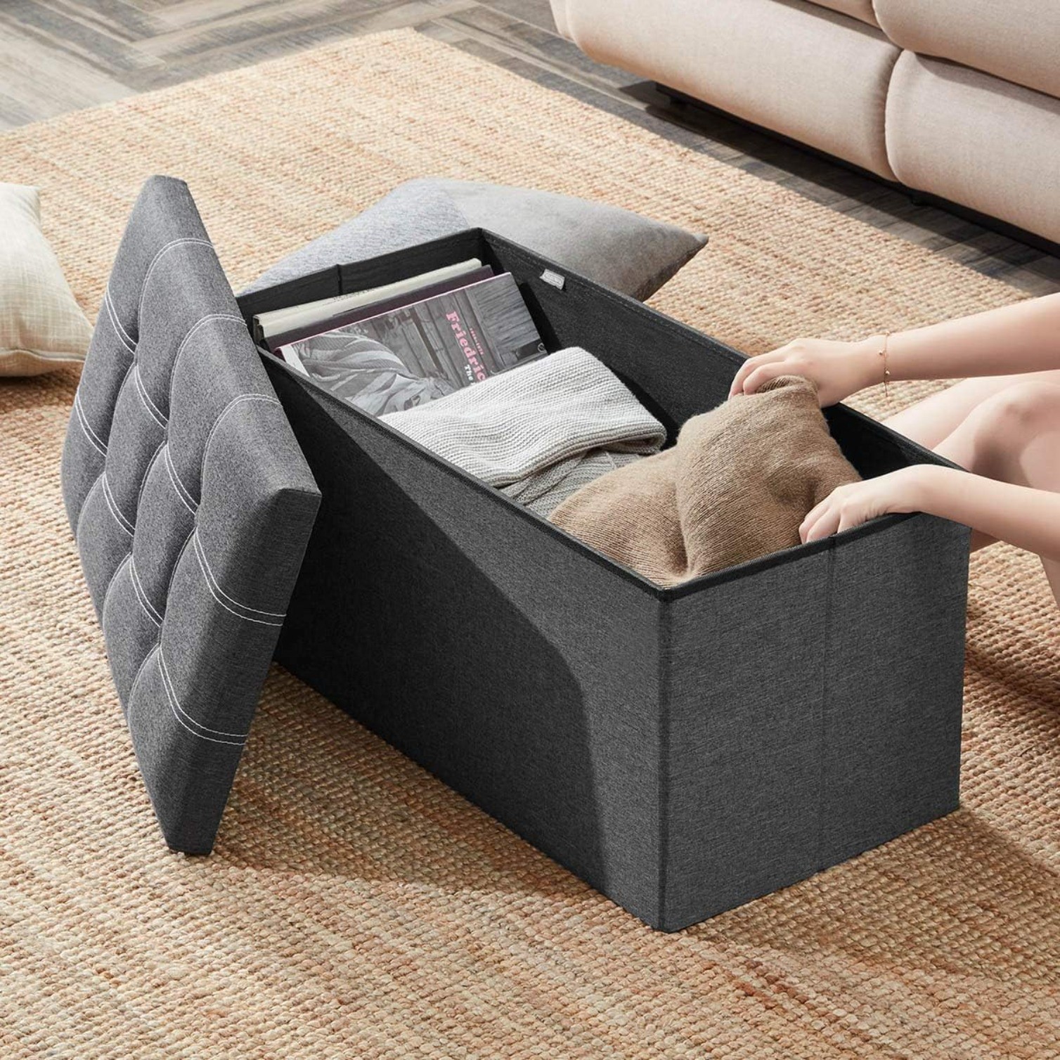 30” Folding Ottoman with Storage, Support 350lbs, for Living Room, Linen Fabric