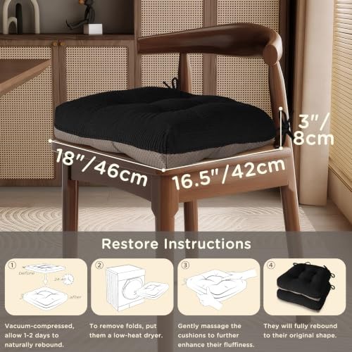 Kitchen Chair Cushions Set of 18″X16.5″, 3″ Thick | Non-Slip, with 2 Black
