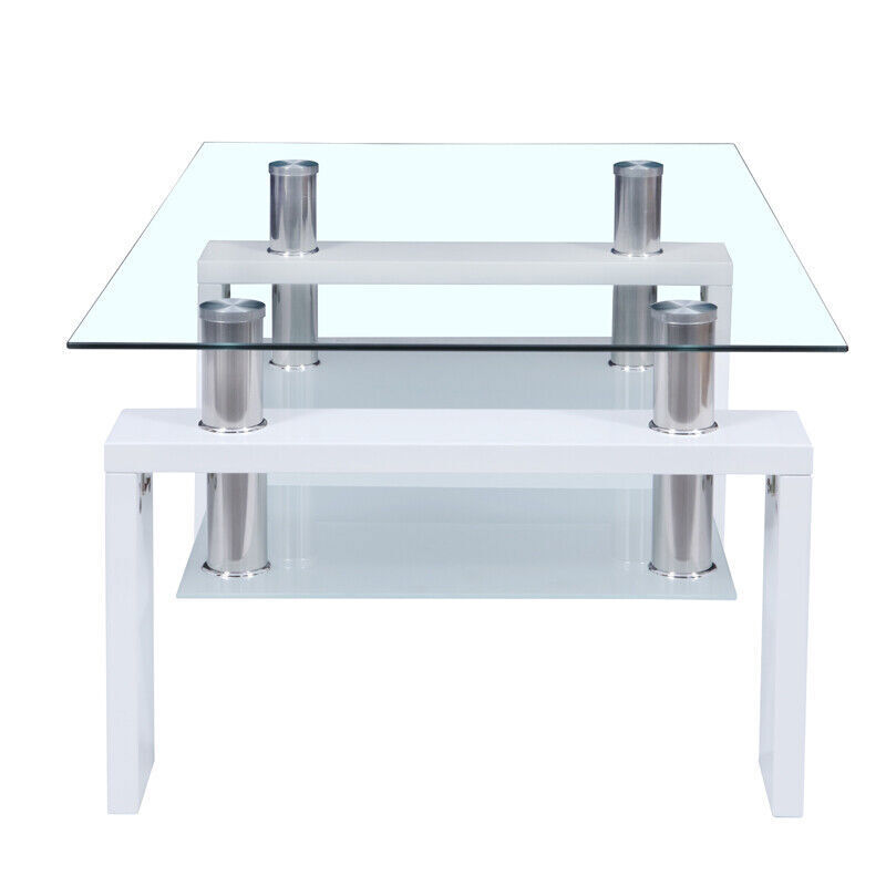 37″ Tempered Glass Coffee Table 2-Layer Rectangle Tables Shelf for Living Room