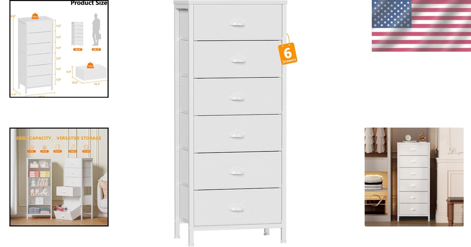 White Tall Dresser for Bedroom,Vertical Storage Tower Unit and End Table with…