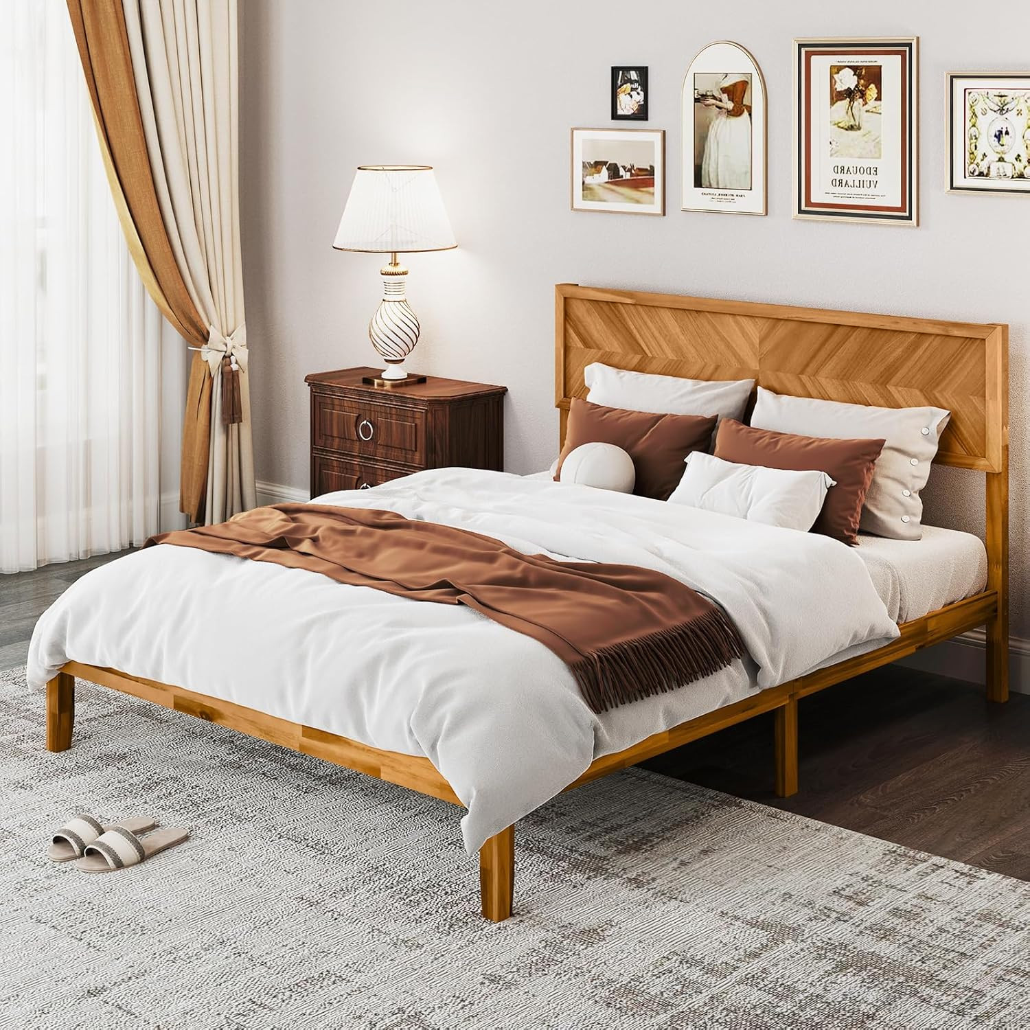 Queen Solid Wood Bed Frame with Stylish Headboard – Durable & Elegant