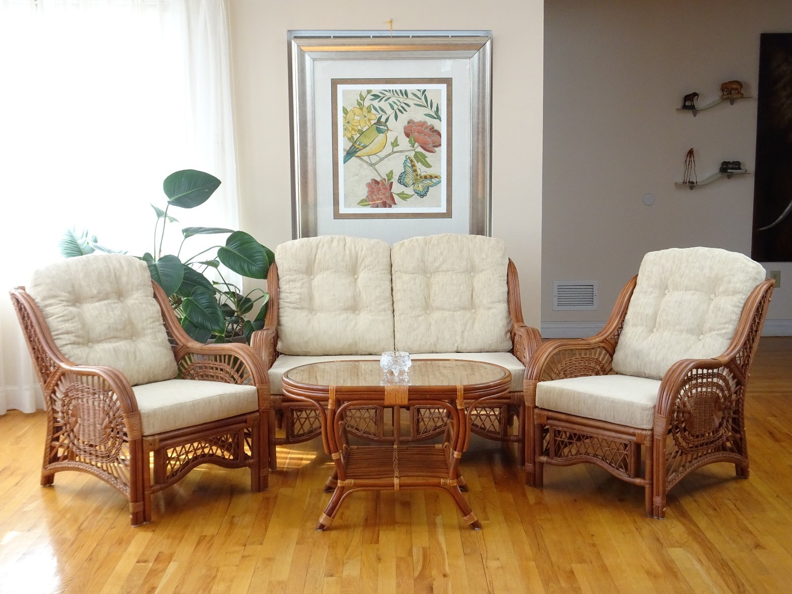 Malibu Design Natural Handmade Rattan Wicker Lounge Loveseat w/Cream Cushions
