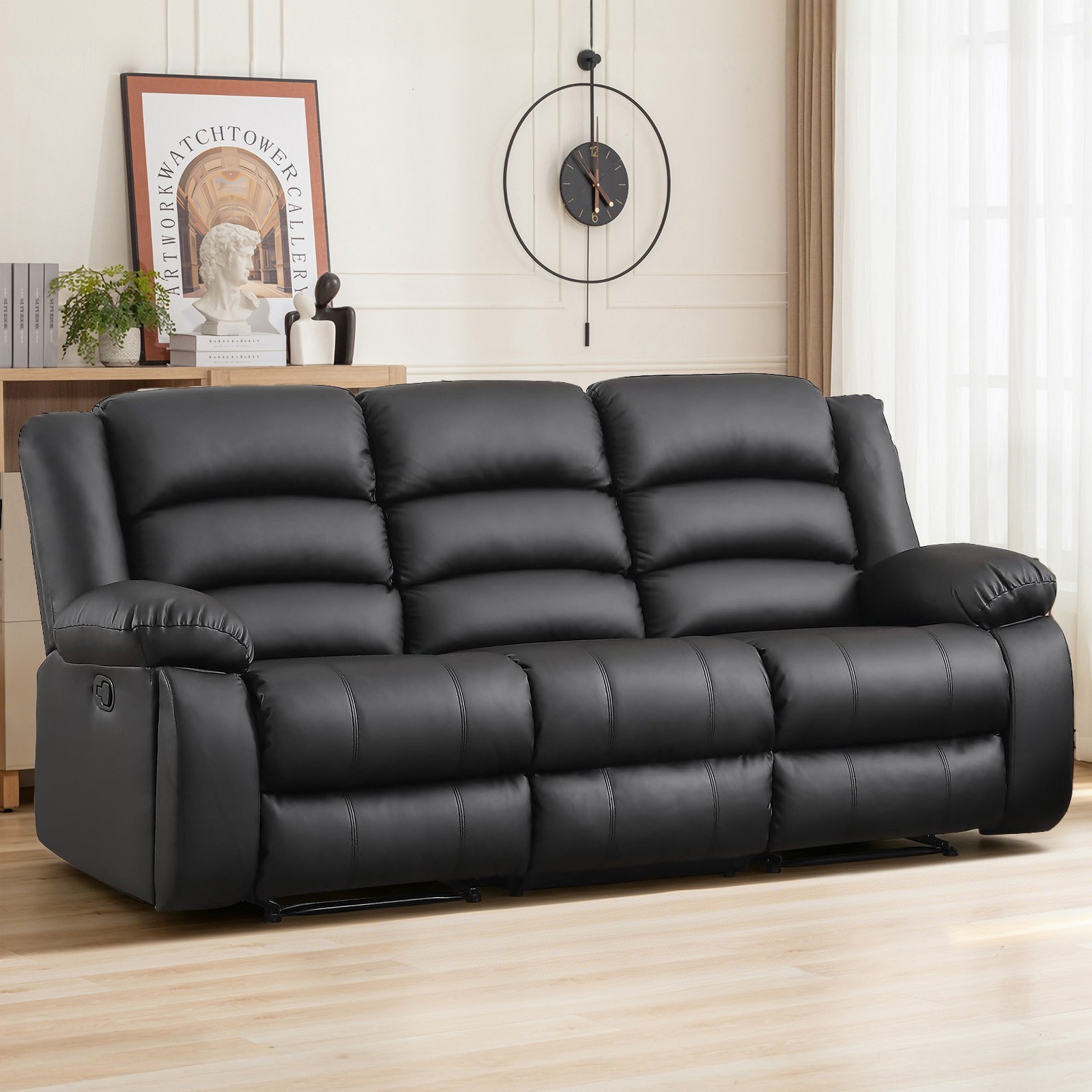 Canmov Faux Leather 3-seat Manual Reclining Sofa with 2 Concealed Cup Holders
