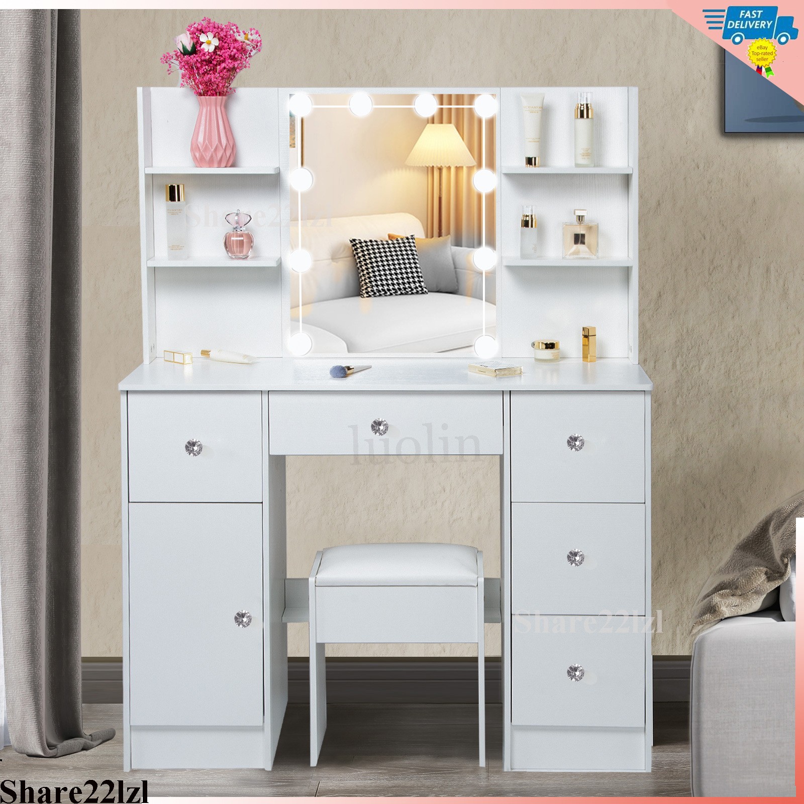 10 LED Bedroom Vanity Table Set Mirror Makeup Desk with Storage Dressing Dresser