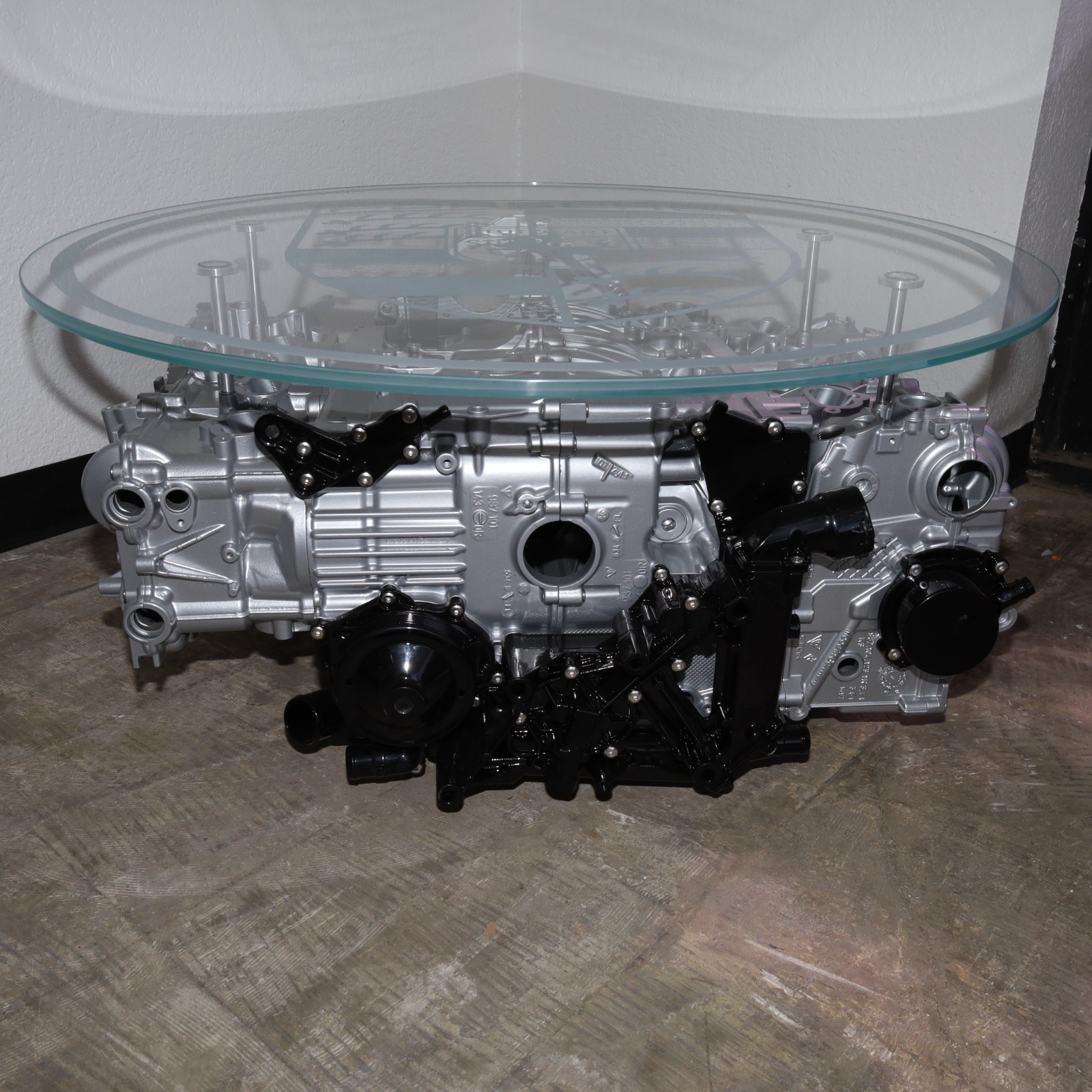 Porsche 911 997 3.6 Engine Coffee Table 37 Round Etched Starphire Glass Top