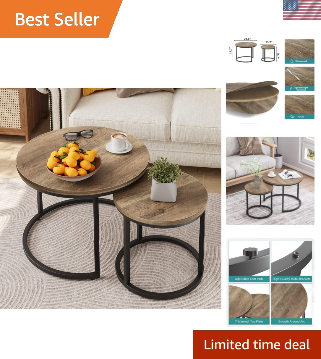 Nesting Coffee Table Set of 2, 23.6″ Round Coffee Table Wood Grain Top with A…