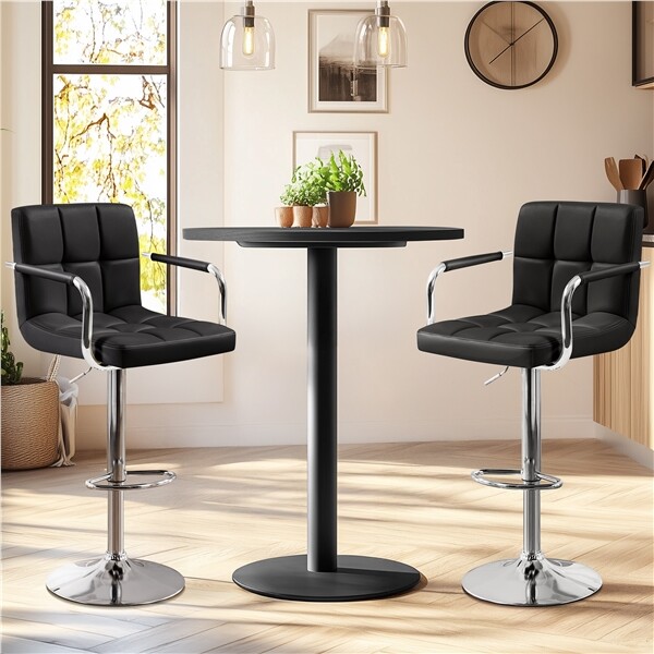 Barstools Set of 2, Height Adjustable PU Leather Bar Chairs with Armrest