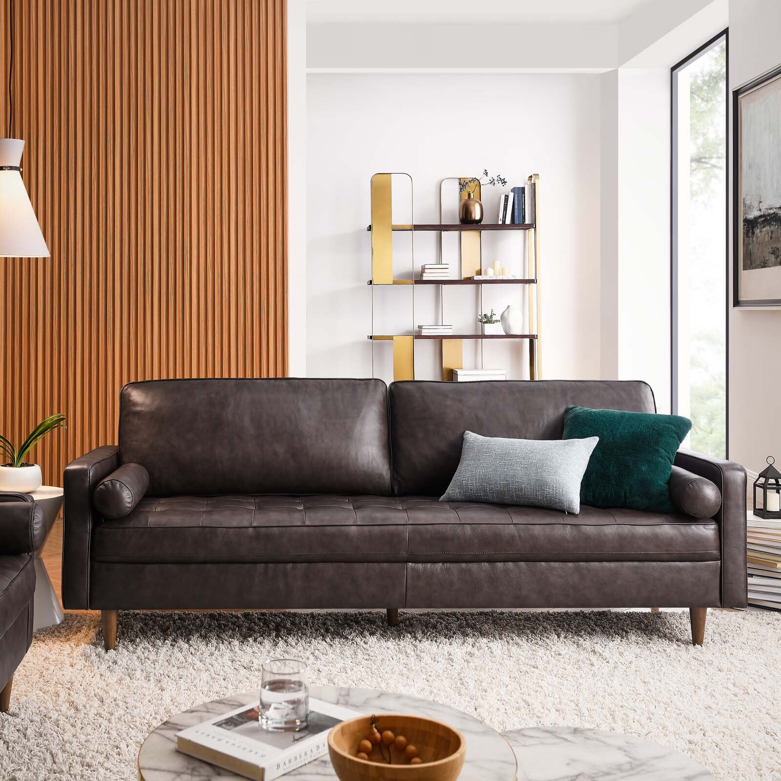 Modway Valour 88″ Leather Tufted Plus-Size Sofa In Brown