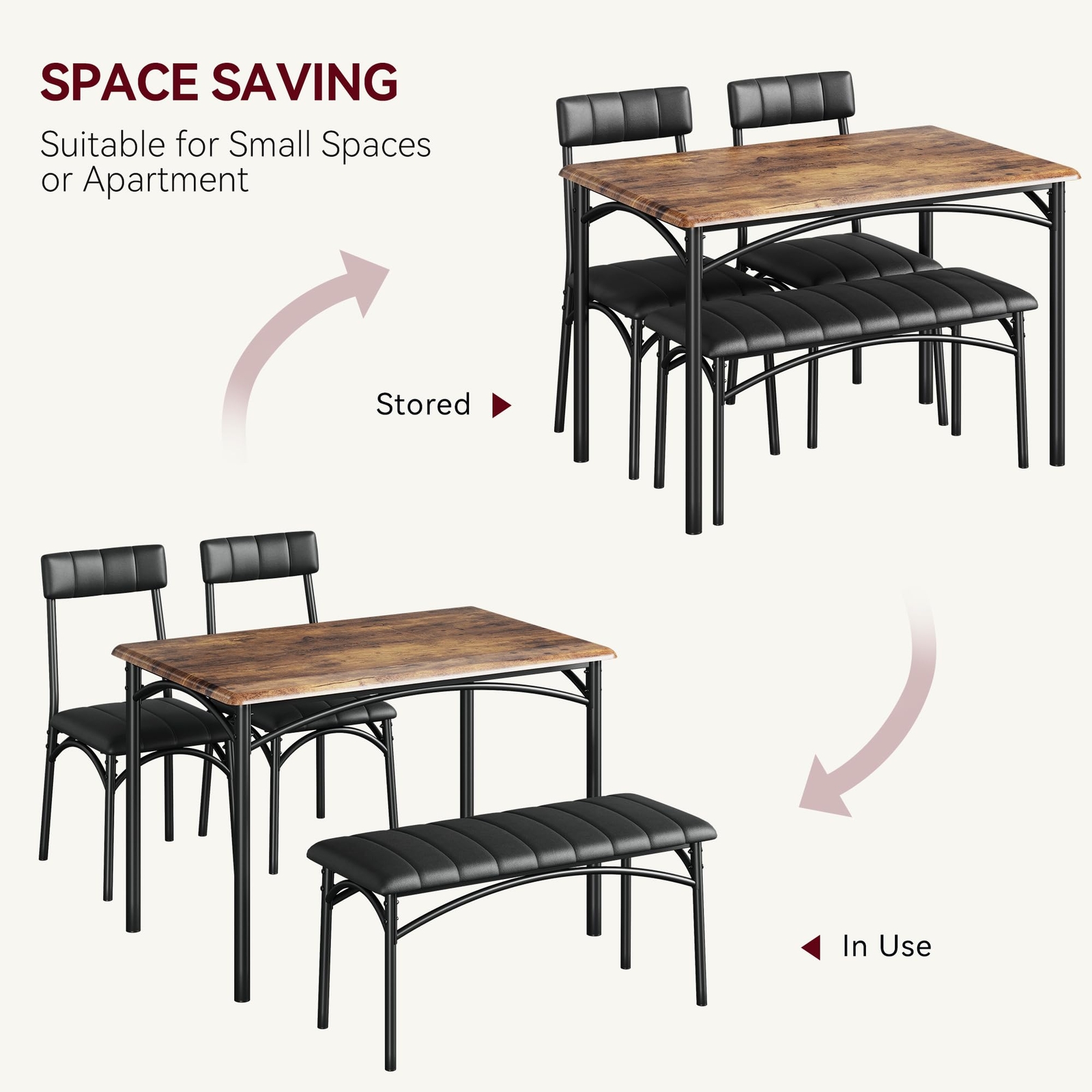 Dining Table Set for 4, Kitchen Table and Chairs for 4, Rectangular w/ Bench