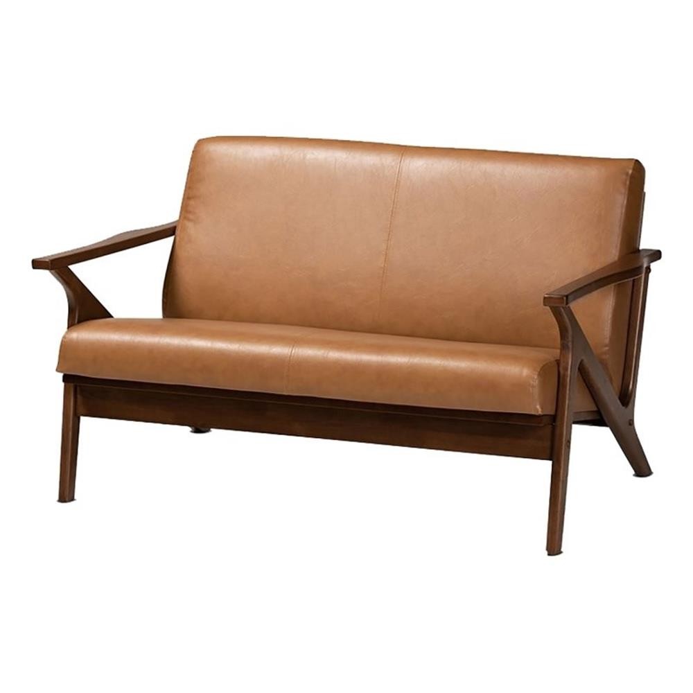 Bowery Hill 16.54″ Mid-Century Wood/Faux Leather Loveseat in Walnut Brown/Tan