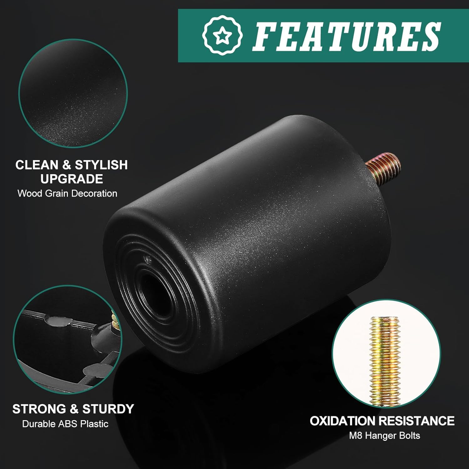 M8-1.25 Metric Thread Bolts Plastic Furniture Legs 2.4 Inch Black Round Tapered