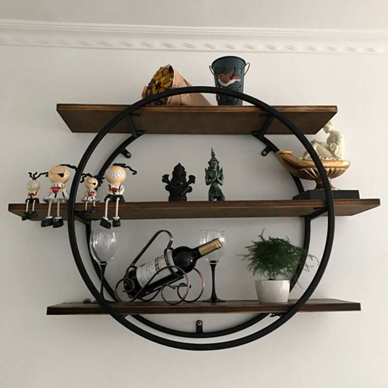 Heavy 3 Tier Decorative Geometric Circle Metal Floating Shelves Rustic Brown
