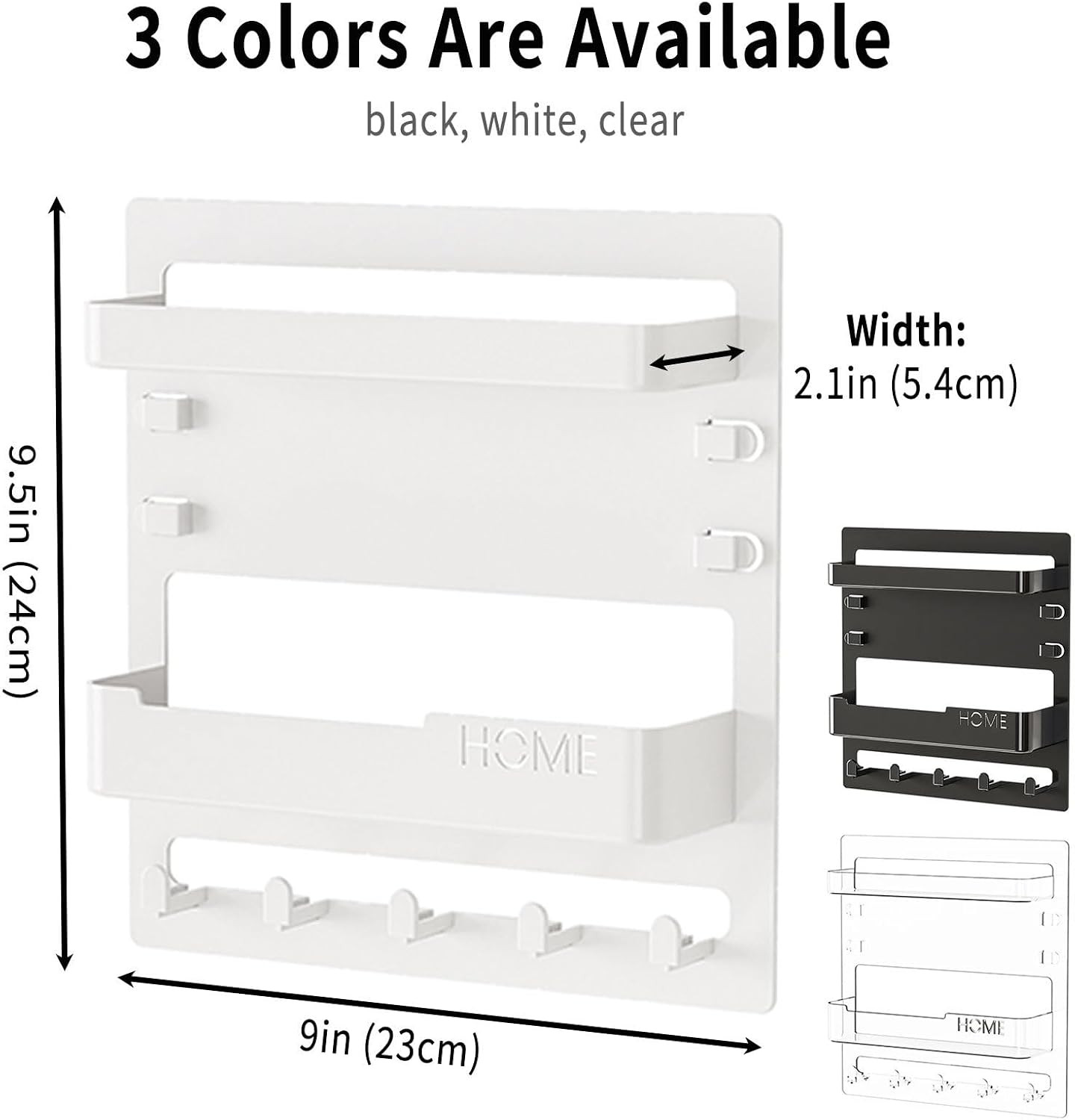 Bedside Wall Shelf Organizer with 5 Hooks & Cable Clips, Plastic Adhesive Wall M