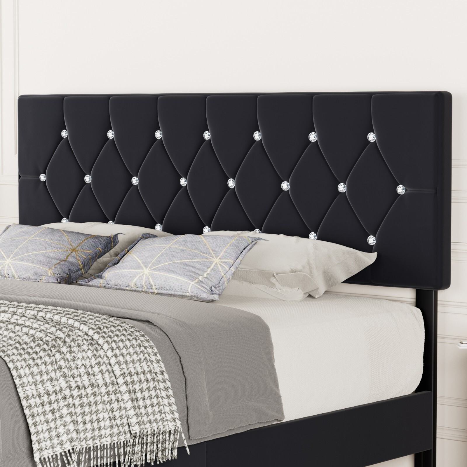 Queen King Size Headboard Only Velvet Button Tufted Upholstered Adjustable Bed