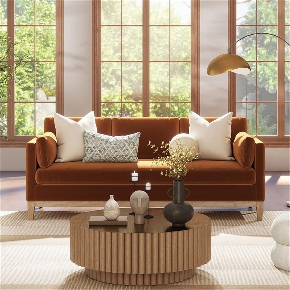 Pemberly Row 84″ Farmhouse Sofa with Removable Cushions in Burnt Orange Velvet